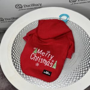 Über cuki karácsonyos Merry Christmas feliratú pamut kutyaruha belül bolyhos anyagból piros színben