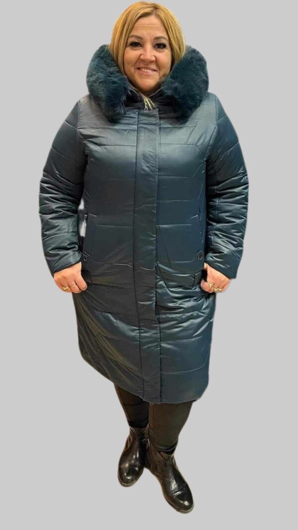 Hosszú fazonú  kapucnis téli gyapjúkabát türkíz színben - Image 2