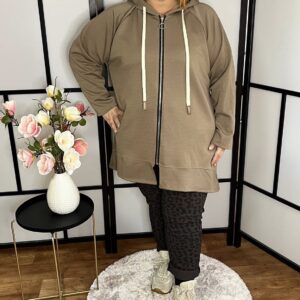 Zipzáros trendi, zsebes, kapucnis kardigán homok színben