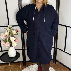 Trendi, hosszított fazonú, zipzáros és kapucnis kardigán/kabátka sötétkék színben