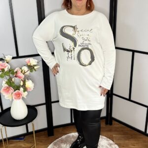 Feliratos, polár anyagú, zsebes hagyma fazonú tunika fehér színben