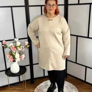 Fantasztikus pamut anyagú nyitott nyakrészes tunika/ruha arany dísszel bézs színben