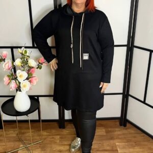 Pamut anyagú, kenguru zsebes, kapucnis tunika fekete színben