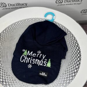 Über cuki karácsonyos Merry Christmas feliratú pamut kutyaruha belül bolyhos anyagból sötétkék színben