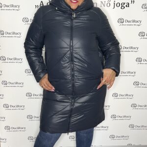 Farmerkék gyönyörű steppelt hosszított kabát kapucnival