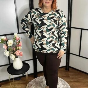 Pihe-puha anyagú, egyenes fazonú mintás cérna felső zöld-barna mintával