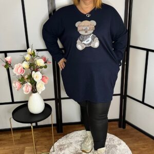 V nyakú, pihe-puha anyagú, macis zsebes tunika sötétkék színben