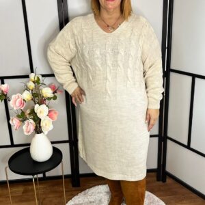 V nyakú, valódi nagy méretű kötött ruha bézs színben