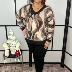 Fantasztikus fazonú V nyakú denevér ujjú pamut anyagú mintás felső barna-bézs hullám mintával