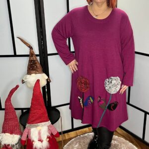 3D virággal díszített, A vonalú téli ruha/tunika lila színben