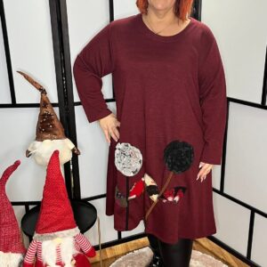 3D virággal díszített, A vonalú téli ruha/tunika bordó színben