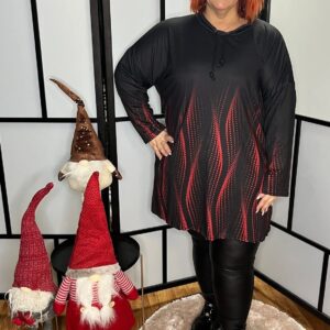 Olasz, extra méretű, pihe-puha tunika magasított nyakkal és fekete-bordó láng mintával