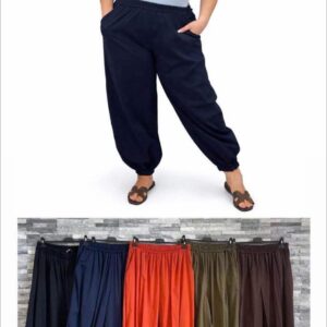 Gumis derekú és aljú, bővebb fazonú nyári nadrág sötétkék színben