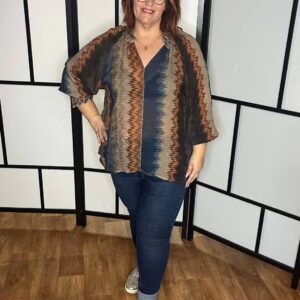 Viszkóz, V nyakú, türkíz lefelé csíkos mintás ingblúz