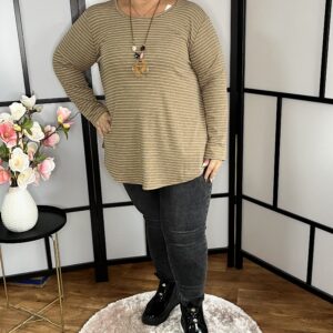 Bordázott anyagú, A vonalú, kerekített fazonú, csíkos pamut felső ajándék nyaklánccal capuccino színben