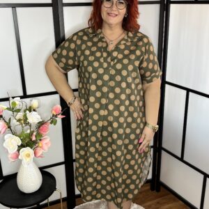 Keki-cappuccino pöttyös, V nyakú, olasz, kerekített fazonú vászon ingruha/tunika