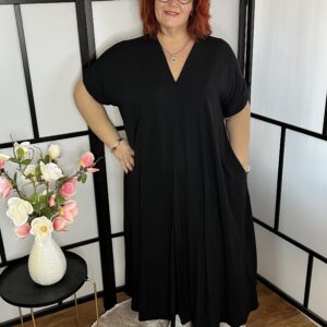 V nyakú egyszínű flokon ruha sötétkék színben