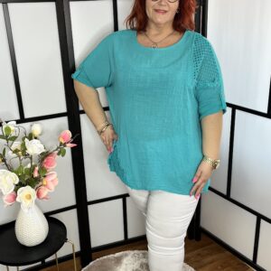 Horgolt betétes lenvászon tunika türkiz színben