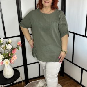 Horgolt betétes lenvászon tunika keki színben