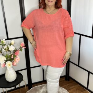 Horgolt betétes lenvászon tunika korall színben