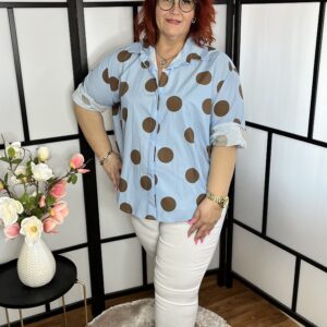 Felhőkék-csokibarna nagy pöttyös, kerekített fazonú vászon ing