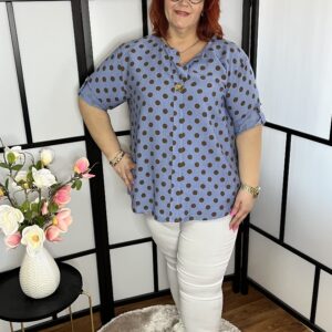 Olasz, pöttyös, 1 gombos, kerekített fazonú felső farmerkék színben