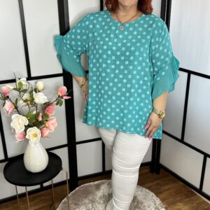 Sötét menta színű, kerek nyakú, pöttyös, fodros ujjú, lenvászon tunika