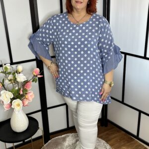 Farmerkék színű, kerek nyakú, pöttyös, fodros ujjú, lenvászon tunika