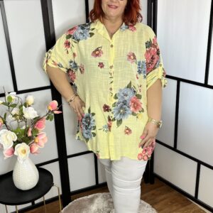Virág mintás, végig gombos fazonú lenvászon ing sárga színben
