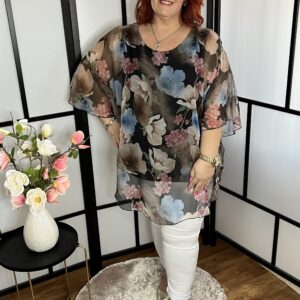 Mintás kétrétegű, kerek nyakú, ék alakú, alkalmi tunika fekete színben