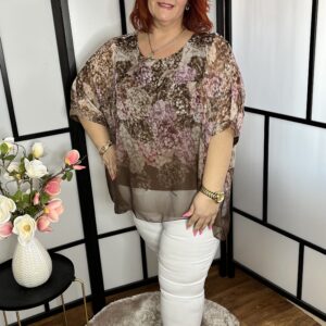 Virágmintás kétrétegű, kerek nyakú, egyenes fazonú tunika csokibarna színben