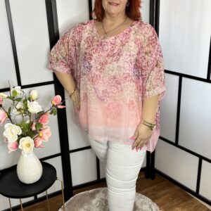 Virágmintás kétrétegű, kerek nyakú, egyenes fazonú tunika rózsaszínben