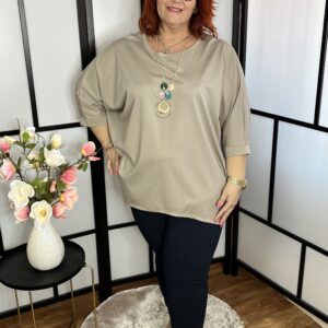 Prémium minőségű, olasz pamut anyagú, denevér ujjú felső ajándék nyaklánccal fango színben