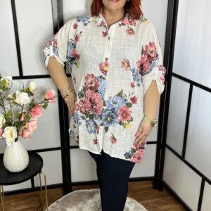 Virág mintás, végig gombos fazonú lenvászon ing fehér színben