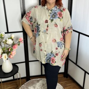 Virág mintás, végig gombos fazonú lenvászon ing bézs színben