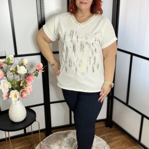 V nyakú, arany hullám mintás, alul megköthető fazonú pamut póló fehér színben