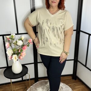 V nyakú, arany hullám mintás, alul megköthető fazonú pamut póló bézs színben