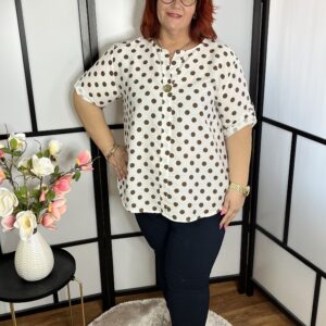 Olasz, pöttyös, 1 gombos, kerekített fazonú felső fehér színben