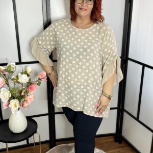 Bézs színű, kerek nyakú, pöttyös, fodros ujjú, lenvászon tunika