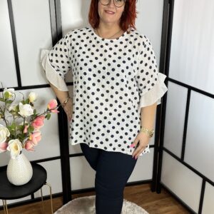 Fehér színű, kerek nyakú, pöttyös, fodros ujjú, lenvászon tunika