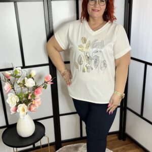 V nyakú, ezüst levél mintás, alul megköthető fazonú pamut póló fehér színben