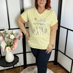 V nyakú, ezüst levél mintás, alul megköthető fazonú pamut póló sárga színben