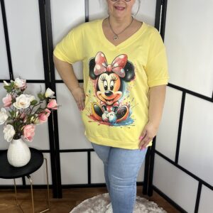 Pamut, V nyakú, strasszokkal kirakott, Minnie egérrel díszített felső/póló sárga színben