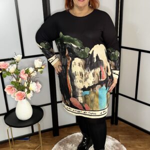 Pihe-puha plüss anyagú festményes, zsebes ruha/tunika fekete színben