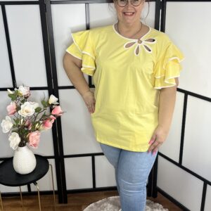 Dupla fodros ujjú, különleges virág díszítésű pamut felső sárga színben