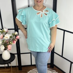 Dupla fodros ujjú, különleges virág díszítésű pamut felső menta színben