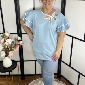 Dupla fodros ujjú, különleges virág díszítésű pamut felső felhőkék színben