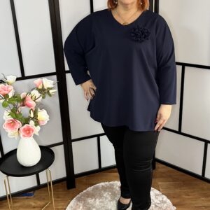 Sötétkék 3D virággal díszített, V nyakú alkalmi felső