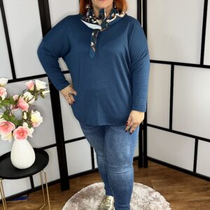 V nyakú gépi kötésű cérna felső ejtett vállal ajándék sállal türkiz színben