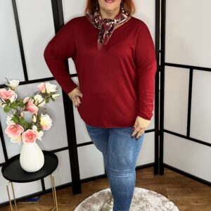 V nyakú gépi kötésű cérna felső ejtett vállal ajándék sállal bordó színben